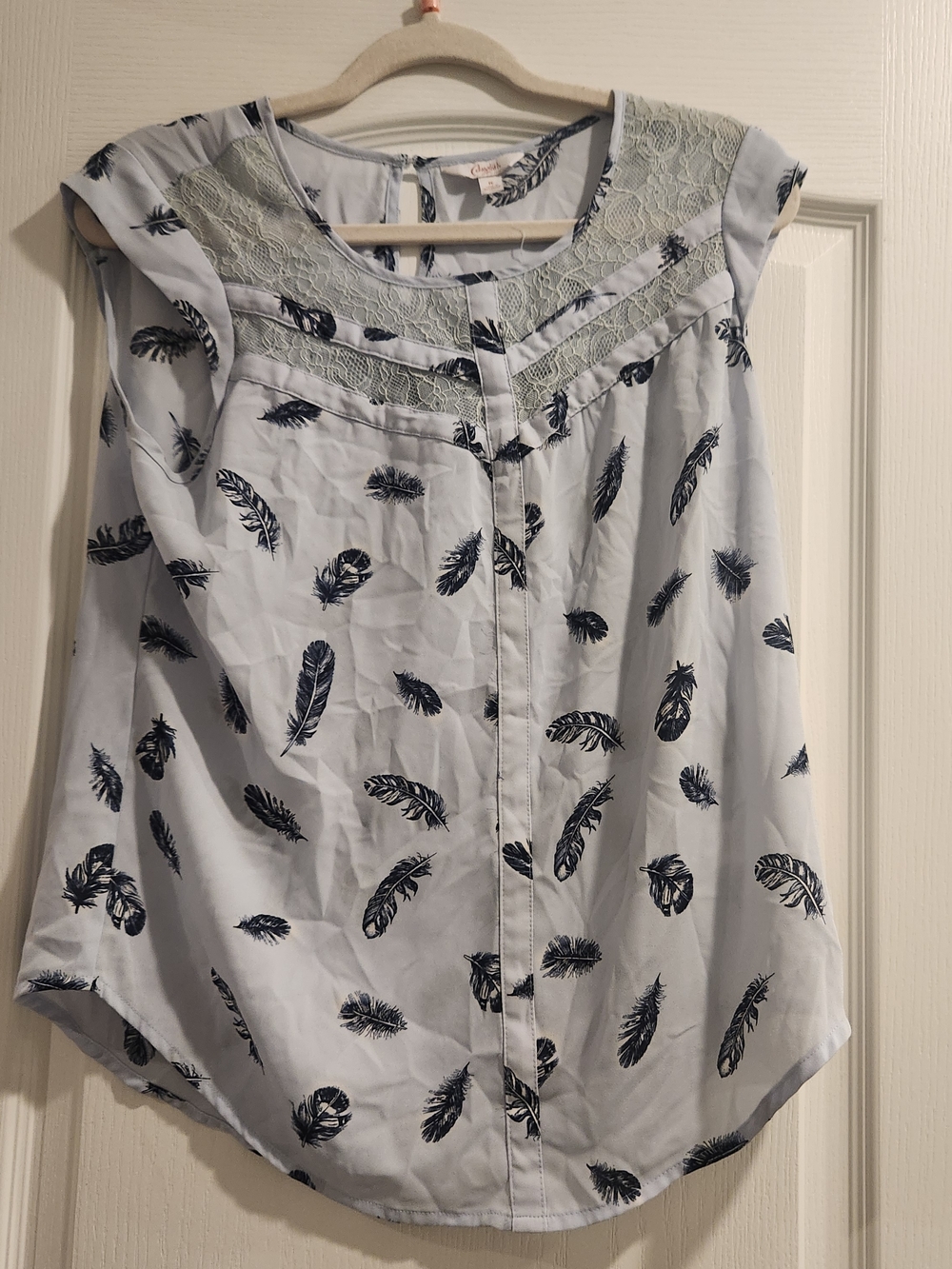 Candie's Light Blue Feather-Print Lace Yoke Top M Euc